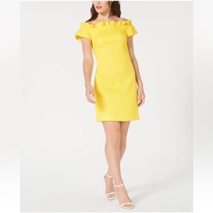 Trina Turk Off the Shoulder Ruffle Neck Sheath Dress